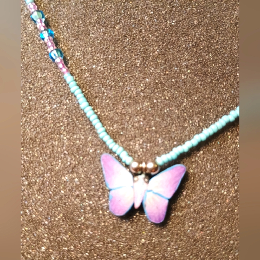 Purple and Blue Butterfly Beaded Necklace for Kids